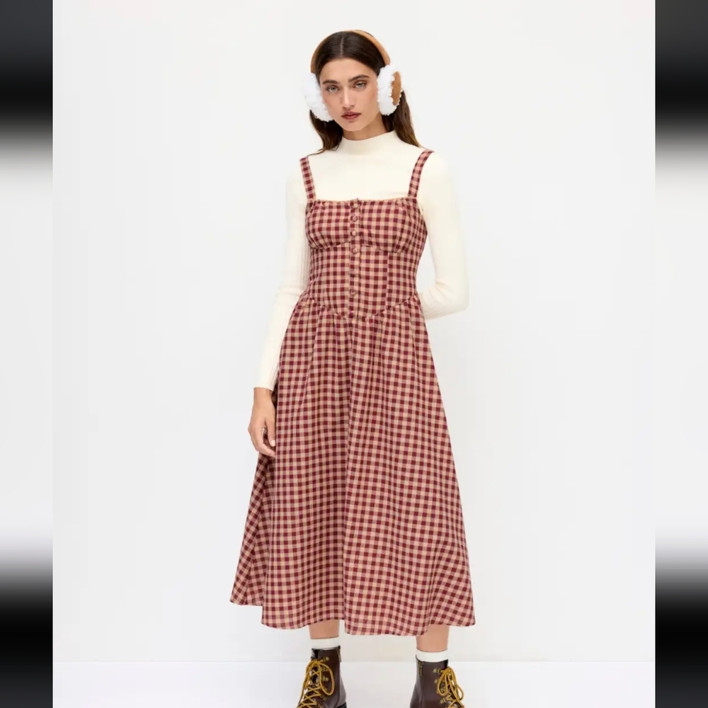 Cider Wine & Cream Cotton Blend Square Neck Gingham Maxi Dress NWT Size Small - Picture 5 of 9